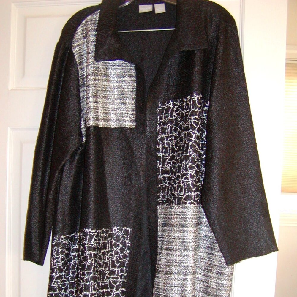 Black and white thigh length open jacket size XL